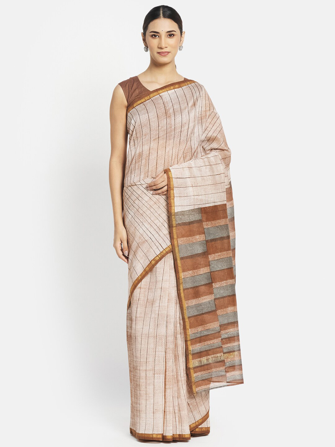 

Fabindia Beige & Brown Striped Zari Block Print Saree