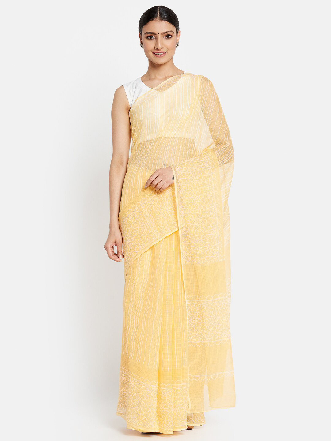 

Fabindia Yellow & White Floral Block Print Saree