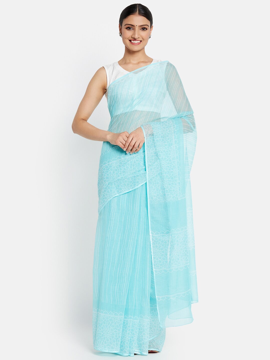 

Fabindia Women Blue & White Block Print Cotton Silk Saree