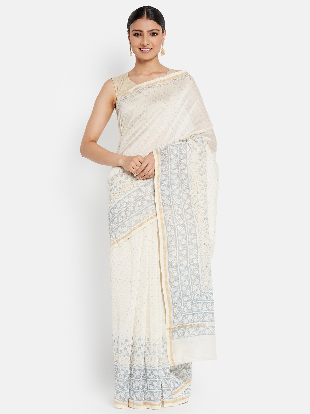 

Fabindia Women White & Gold-Toned Zari Block Print Saree