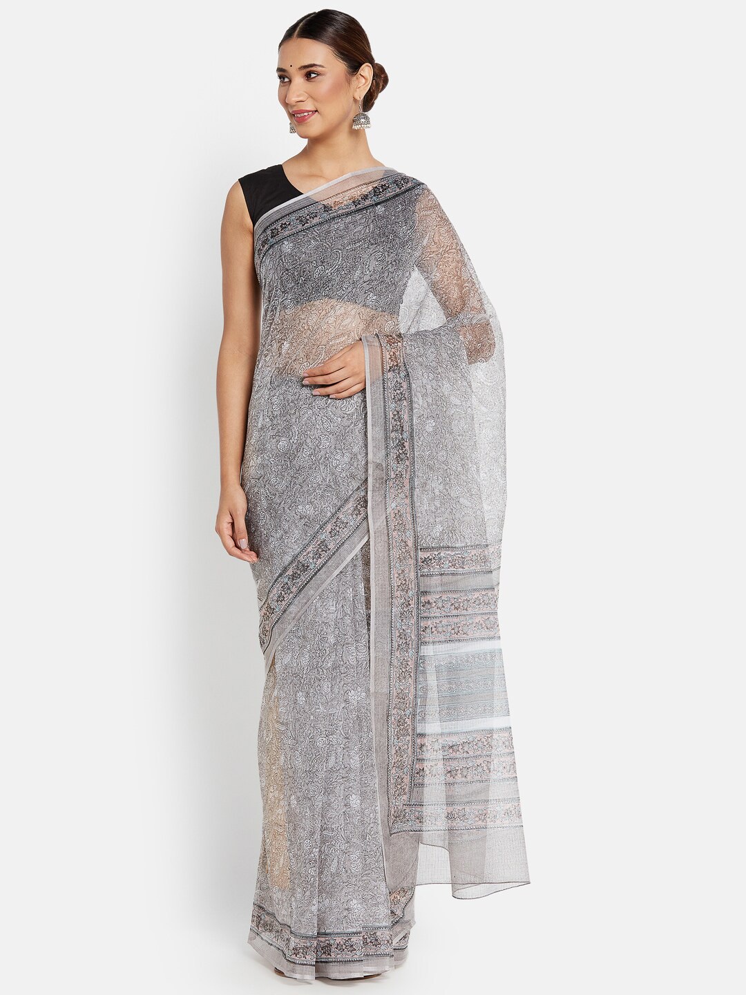 

Fabindia FabBasic Grey Floral Block Print Cotton Silk Saree