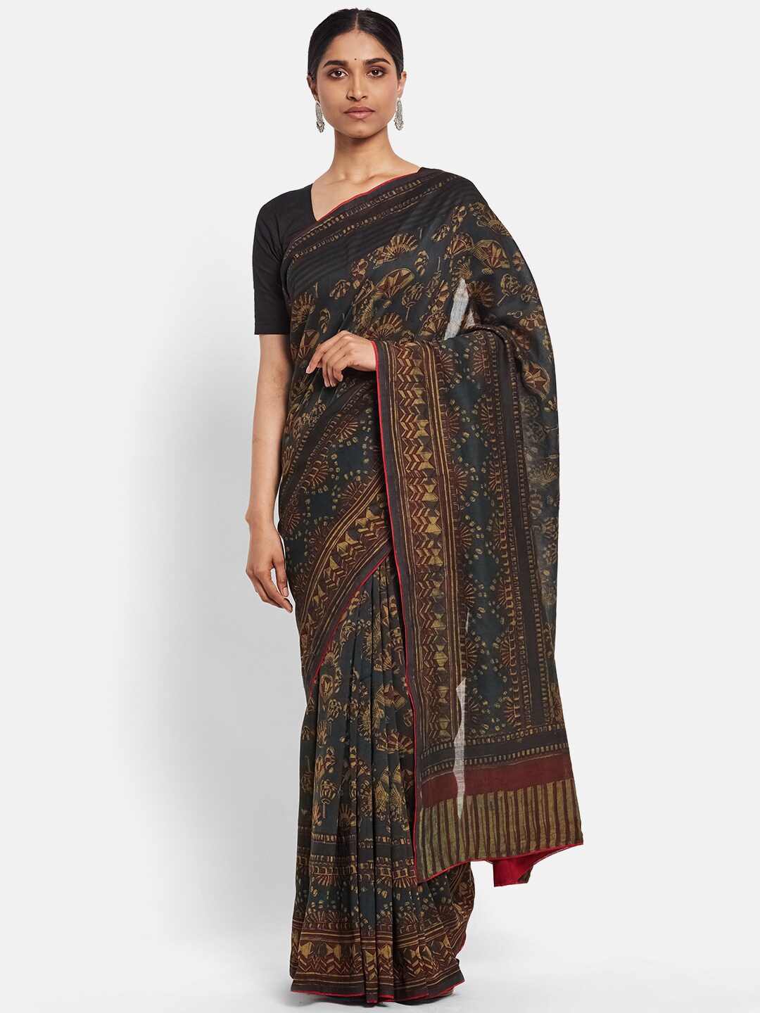 

Fabindia Blue & Yellow Block Print Saree