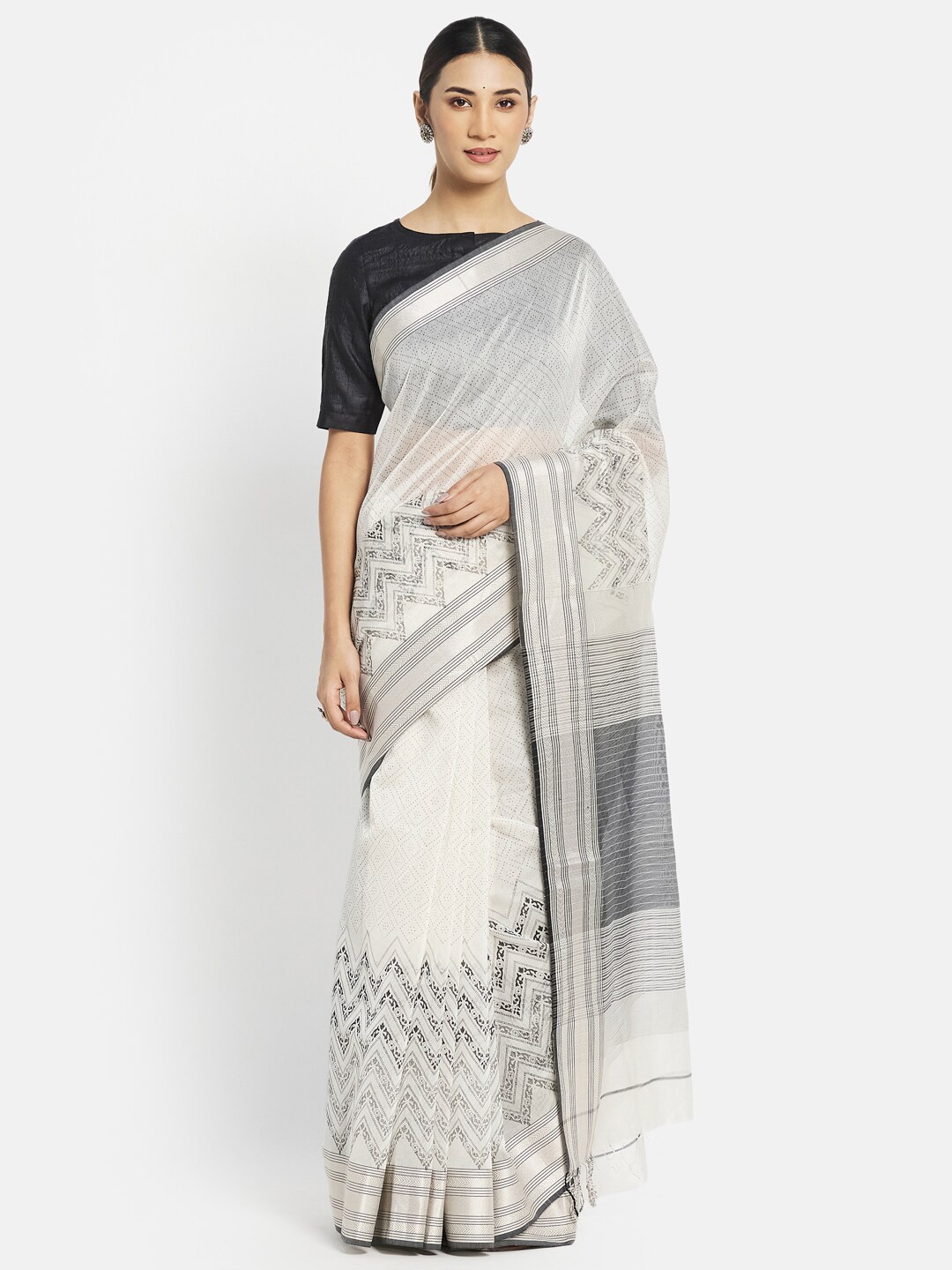 

Fabindia Off White & Grey Striped Zari Block Print Saree