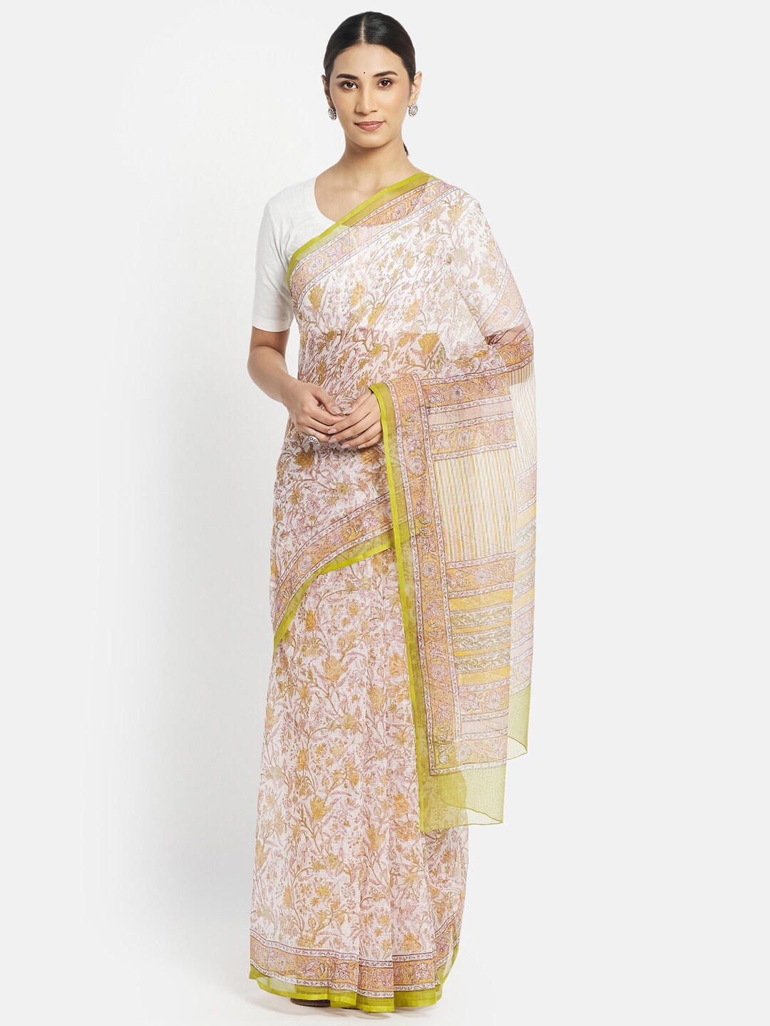 

Fabindia FabBasic White & Green Floral Saree