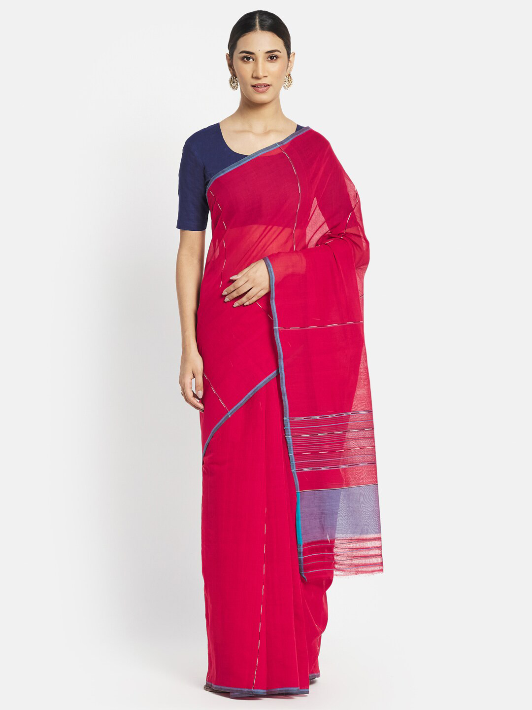 

Fabindia Red & Blue Striped Pure Cotton Saree