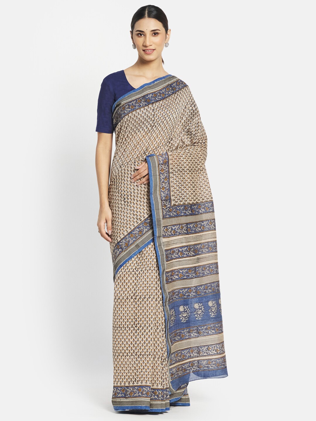 

Fabindia Beige & Blue Floral Saree