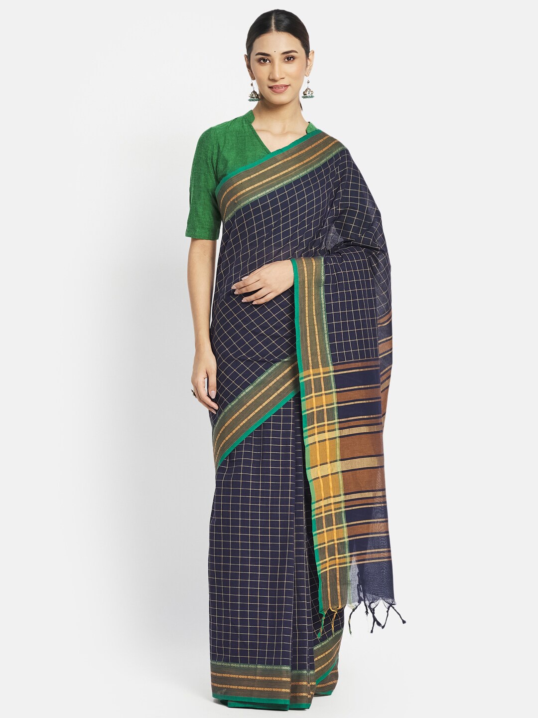 

Fabindia Blue & Green Checked Pure Cotton Saree