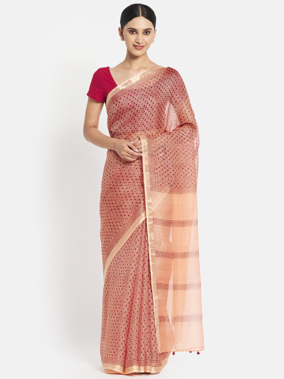 

Fabindia Women Orange & Gold-Toned Striped Zari Pure Silk Block Print Saree
