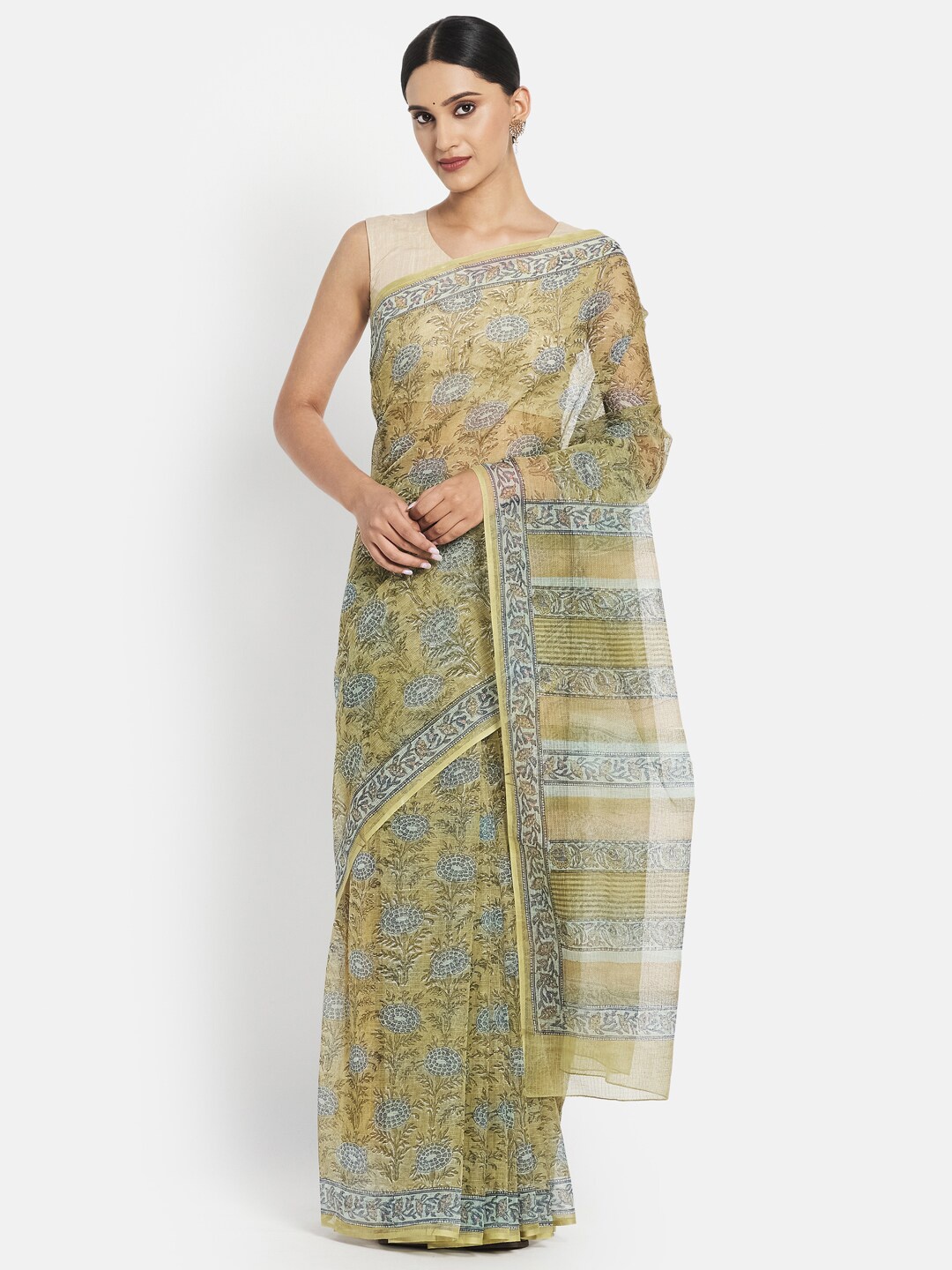 

Fabindia Women Green & Grey Floral Block Print Saree