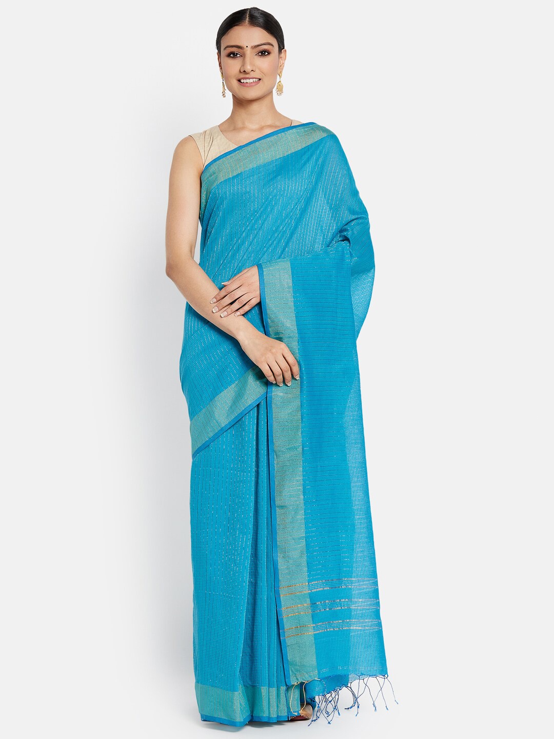 

Fabindia Women Blue & Gold-Toned Woven Design Zari Saree