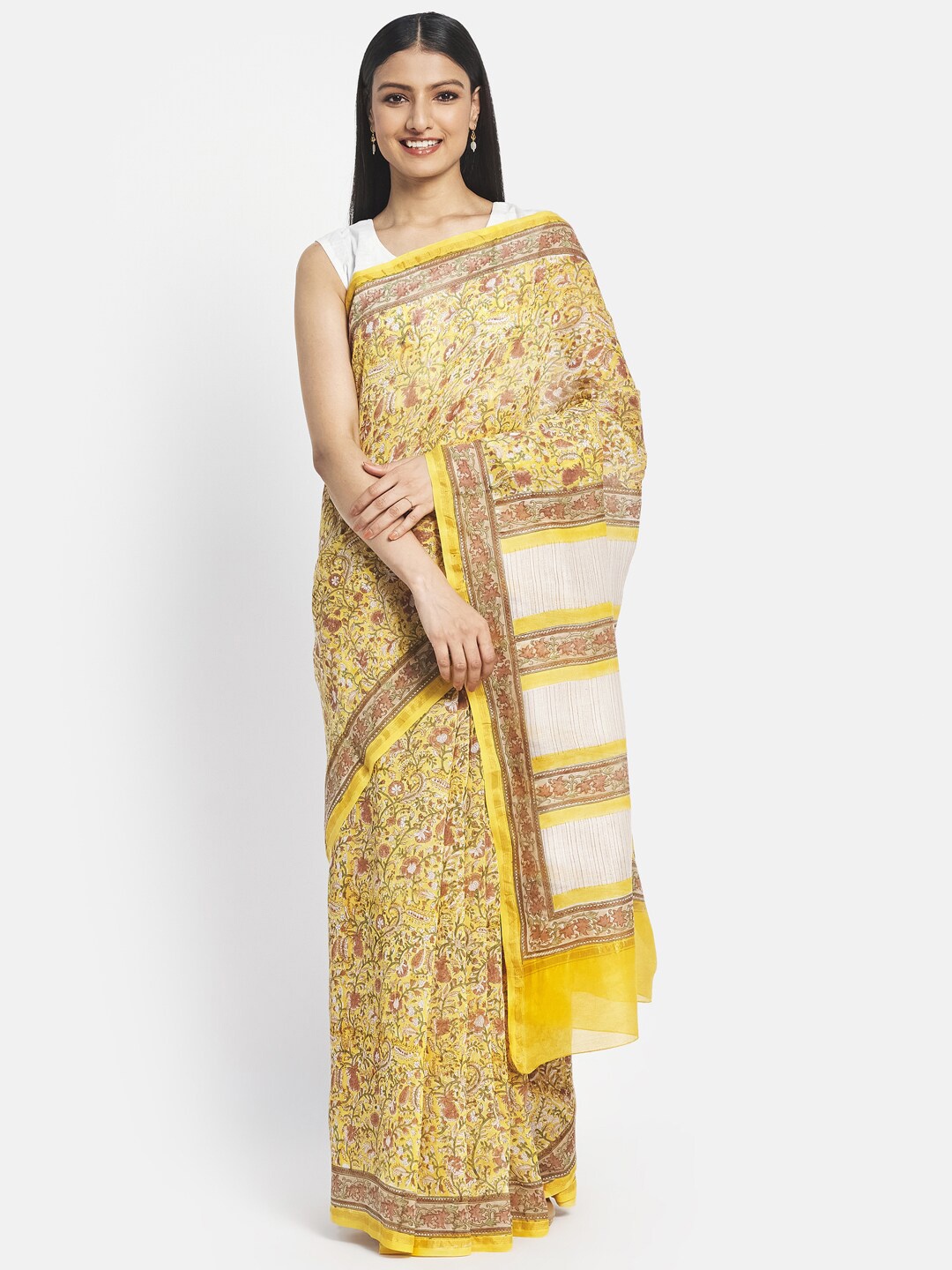 

Fabindia Yellow & Grey Floral Block Print Saree