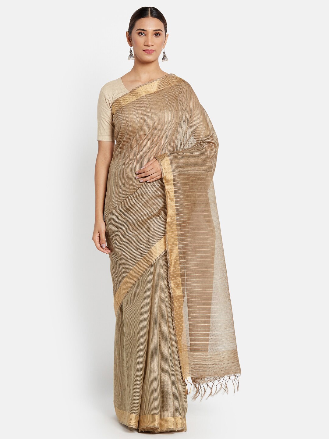 

Fabindia Green & Gold-Toned Woven Design Zari Pure Silk Saree