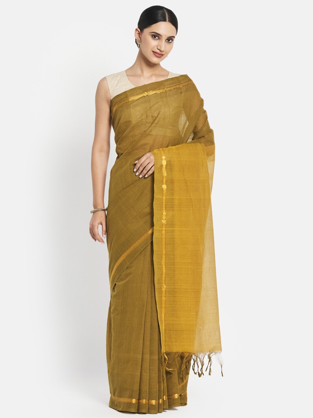 

Fabindia Green & Gold-Toned Woven Design Zardozi Pure Cotton Saree