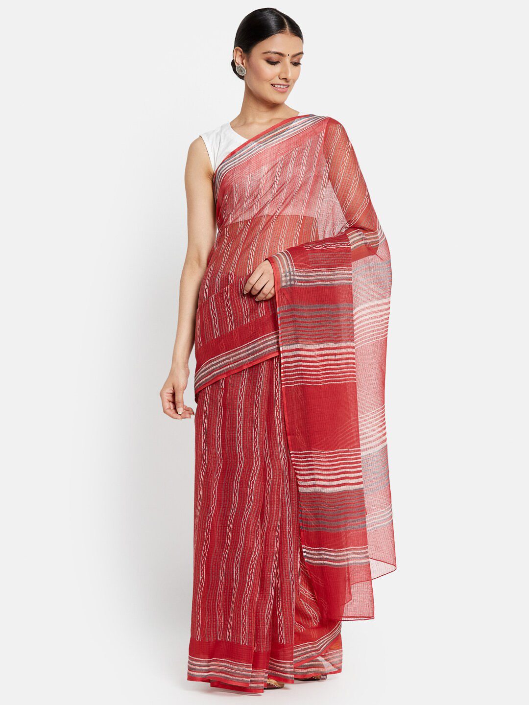 

Fabindia Red & Orange Block Print Saree