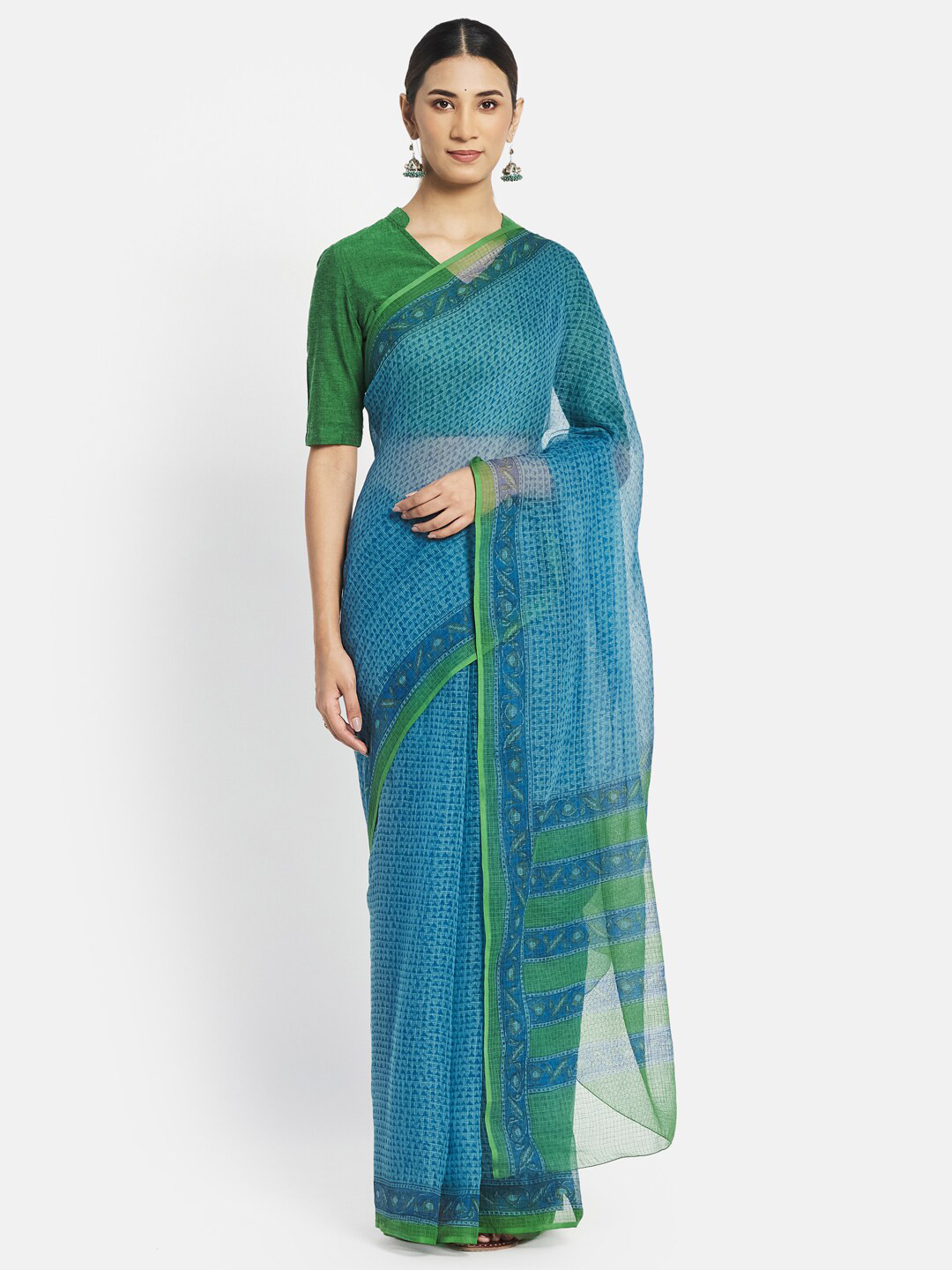 

Fabindia FabBasic Blue & Green Floral Block Print Saree
