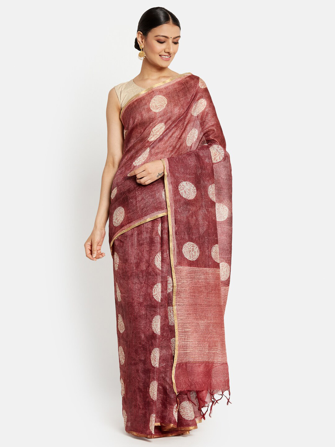 

Fabindia Red & Cream-Coloured Floral Pure Silk Block Print Saree