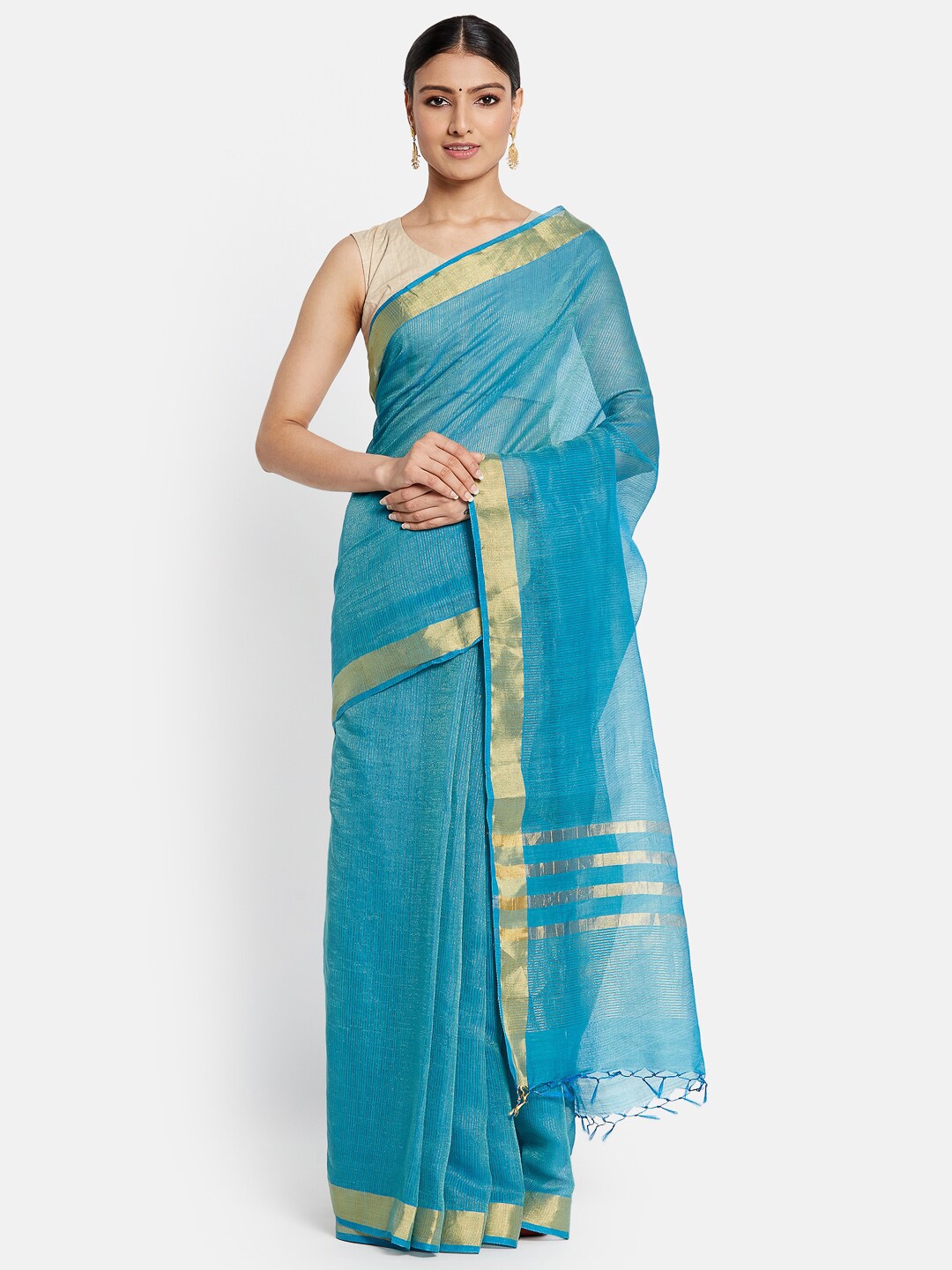 

Fabindia Blue & Gold-Toned Woven Design Zari Pure Silk Saree