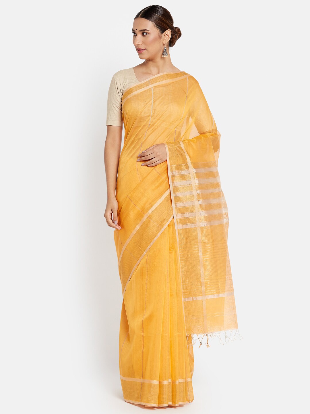 

Fabindia Yellow & Gold-Toned Woven Design Zari Maheshwari Saree