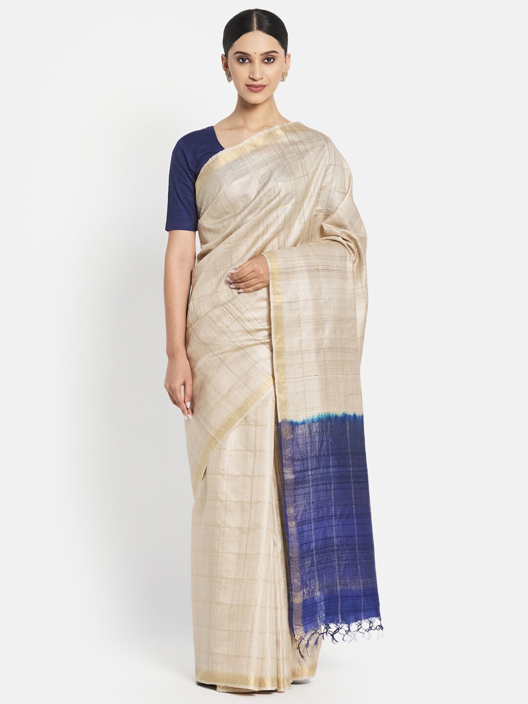 

Fabindia Blue & Cream-Coloured Woven Design Pure Silk Saree