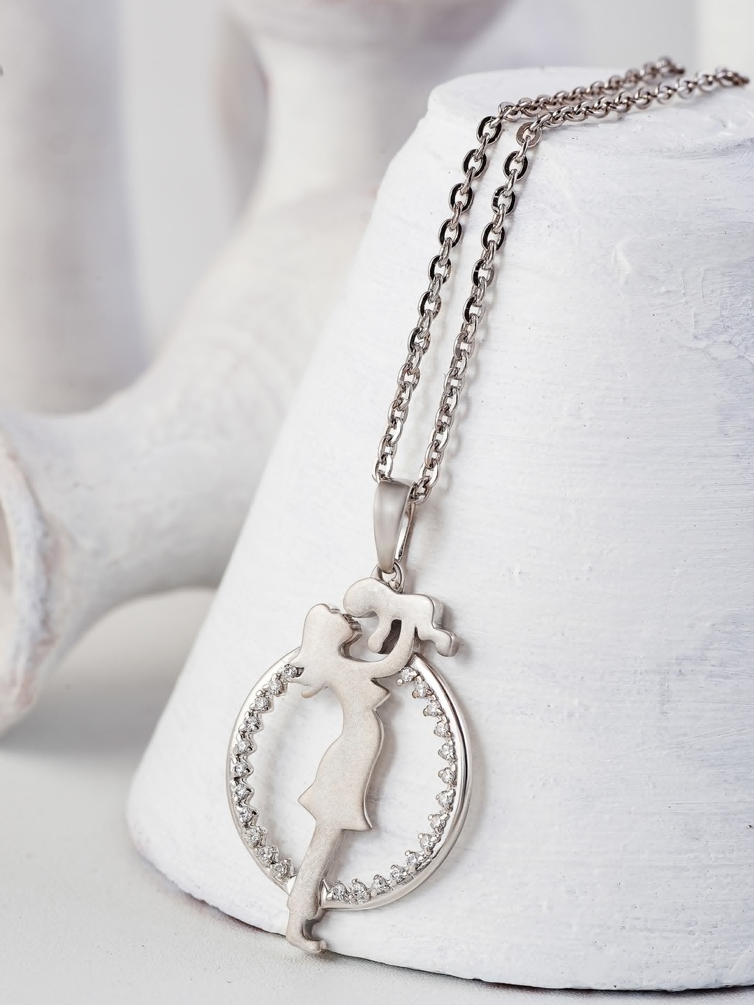 

SILBERRY Women Silver-Toned & White CZ-Studded Maternal Love Pendant With Chain
