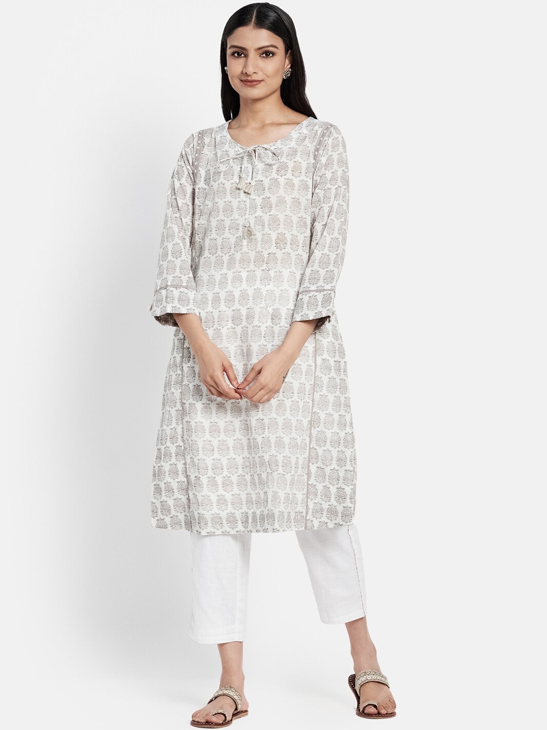 

Fabindia Women Grey Floral Printed White Romance Kurta