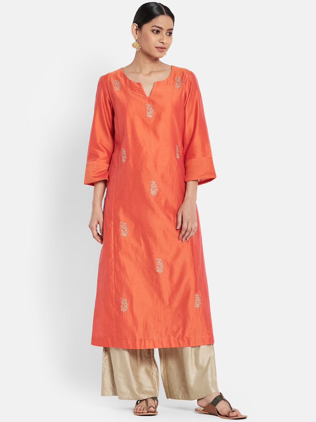 

Fabindia Women Orange Floral Embroidered Kurta