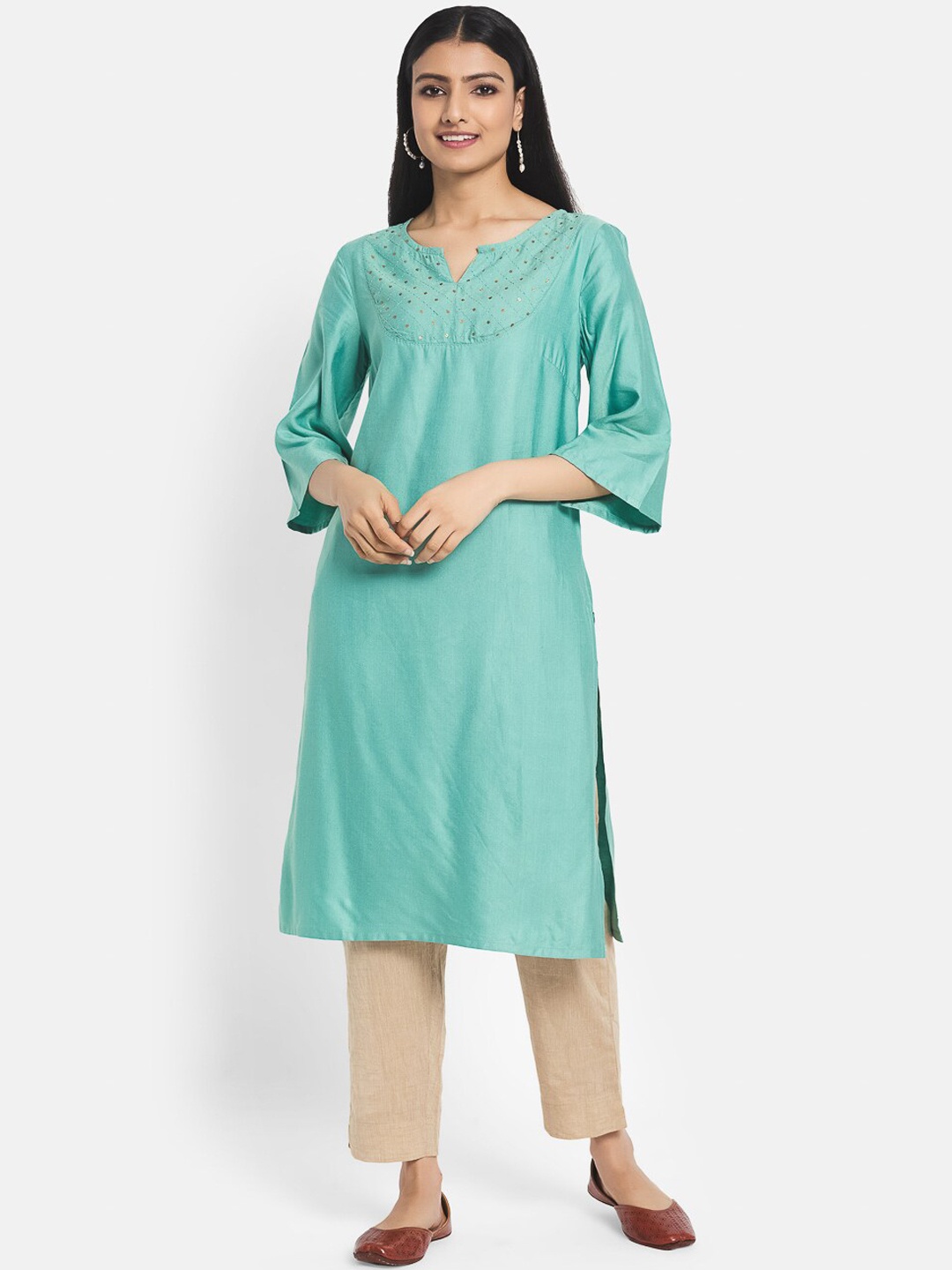 

Fabindia Women Blue Yoke Design Flared Sleeves Kurta