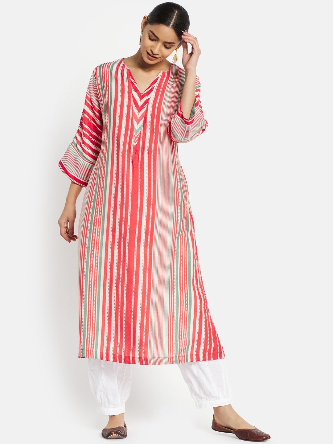 

Fabindia Women White & Red Striped Kurta