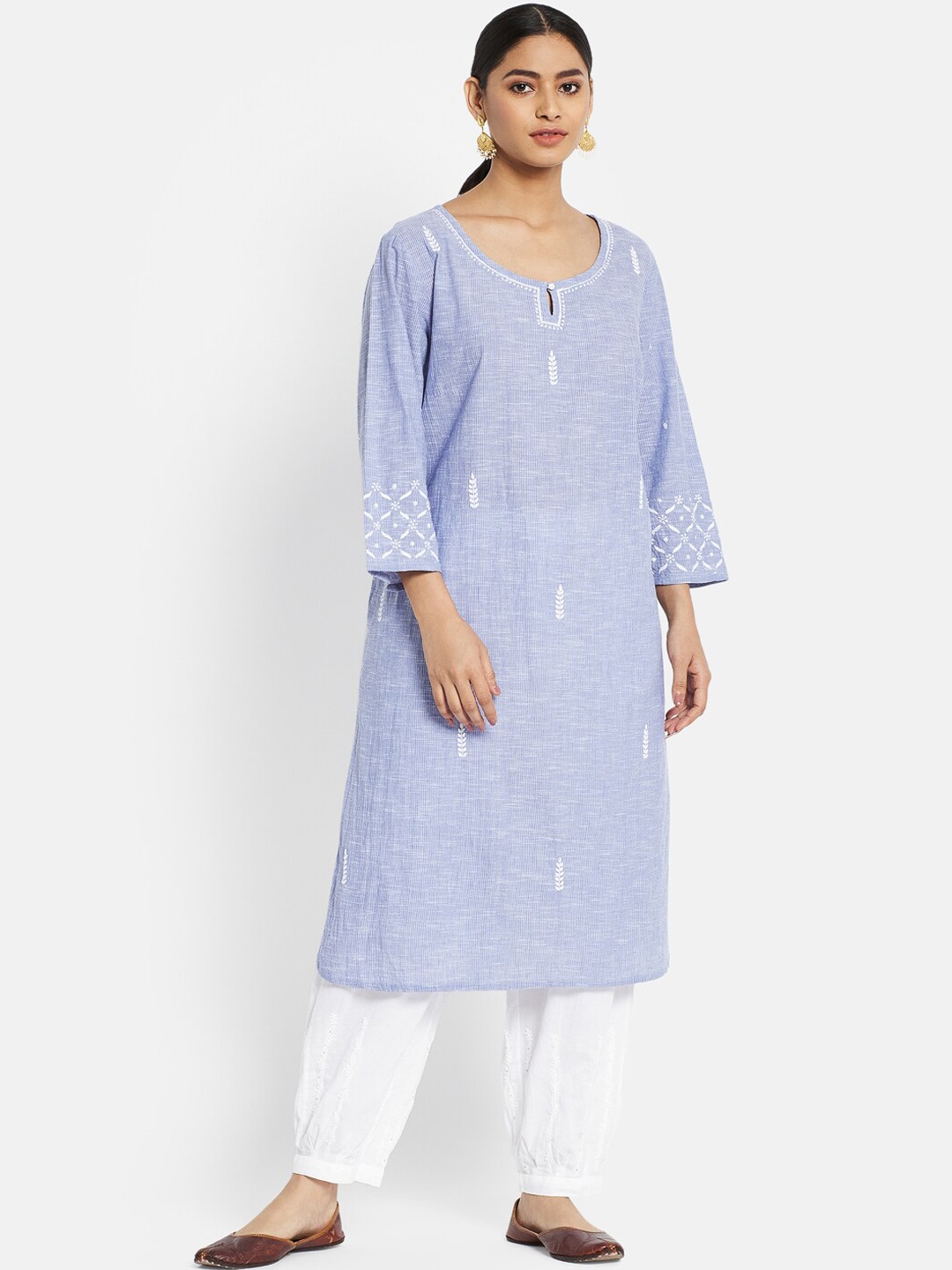 

Fabindia Women Blue Floral Yoke Design Pure Cotton Kurta