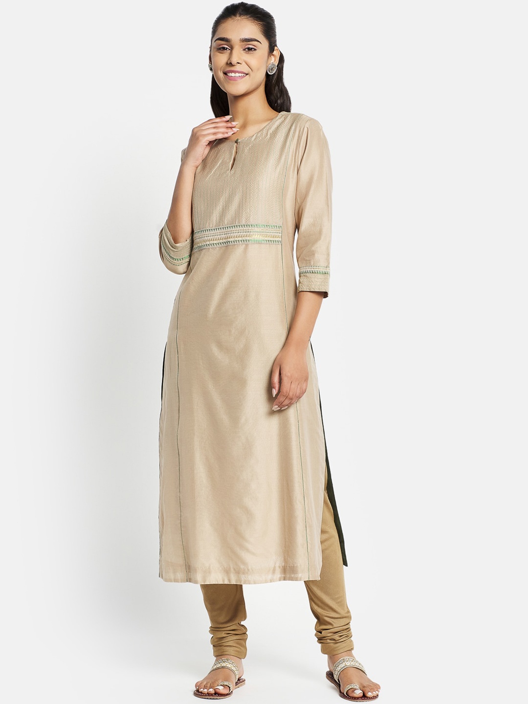 

Fabindia Women Beige Yoke Design Keyhole Neck Kurta