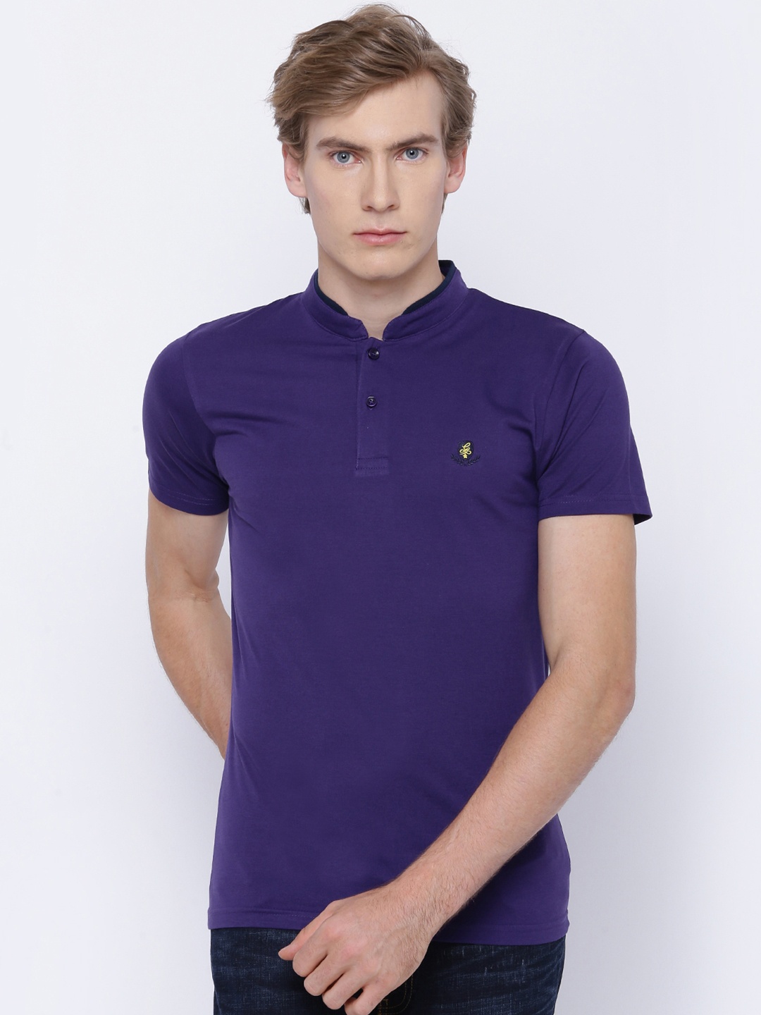 

The Indian Garage Co Men Purple Solid Stand Collar T-shirt