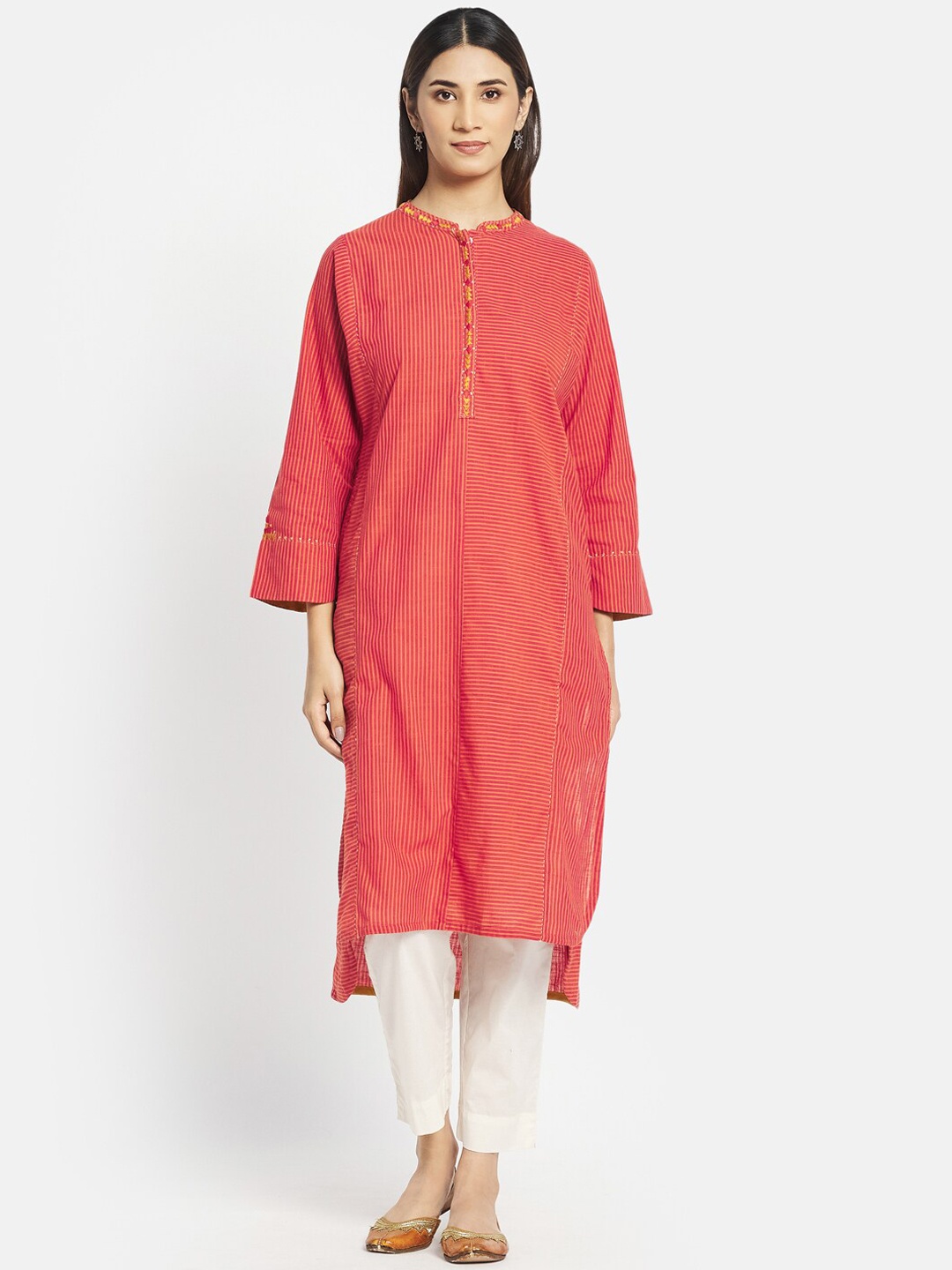 

Fabindia Women Cotton Coral Embroidered Striped Kurta