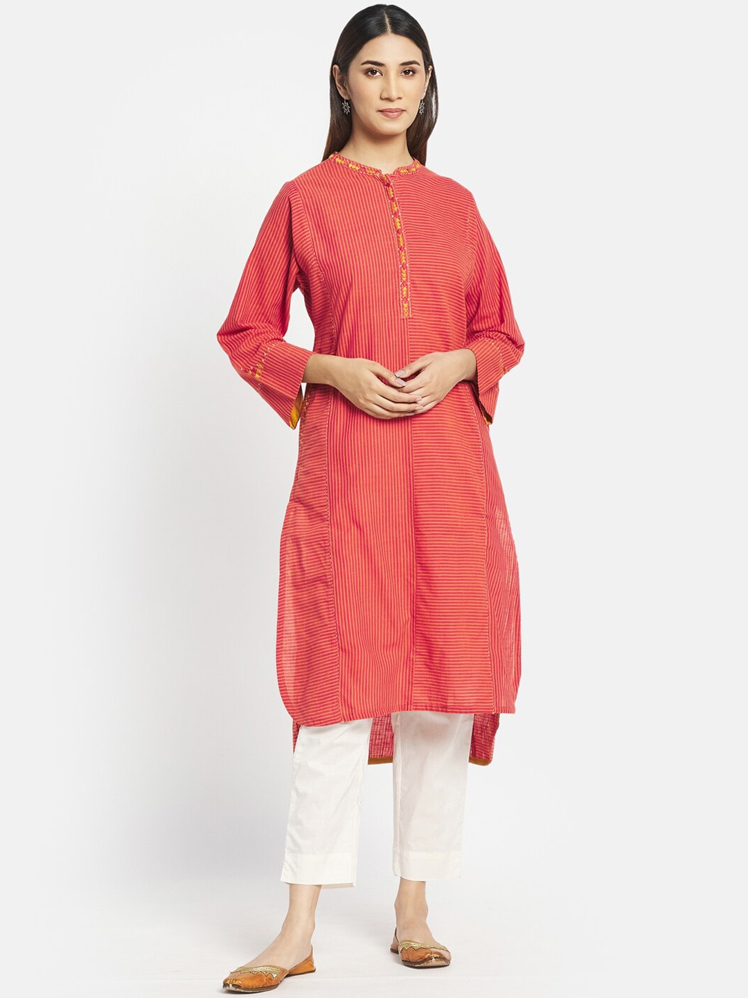 

Fabindia Women Red & Orange Striped Kurta