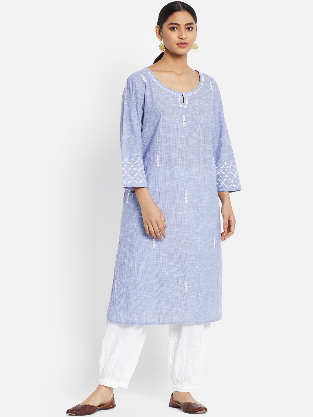 

Fabindia Women Blue & White Thread Work Kurta