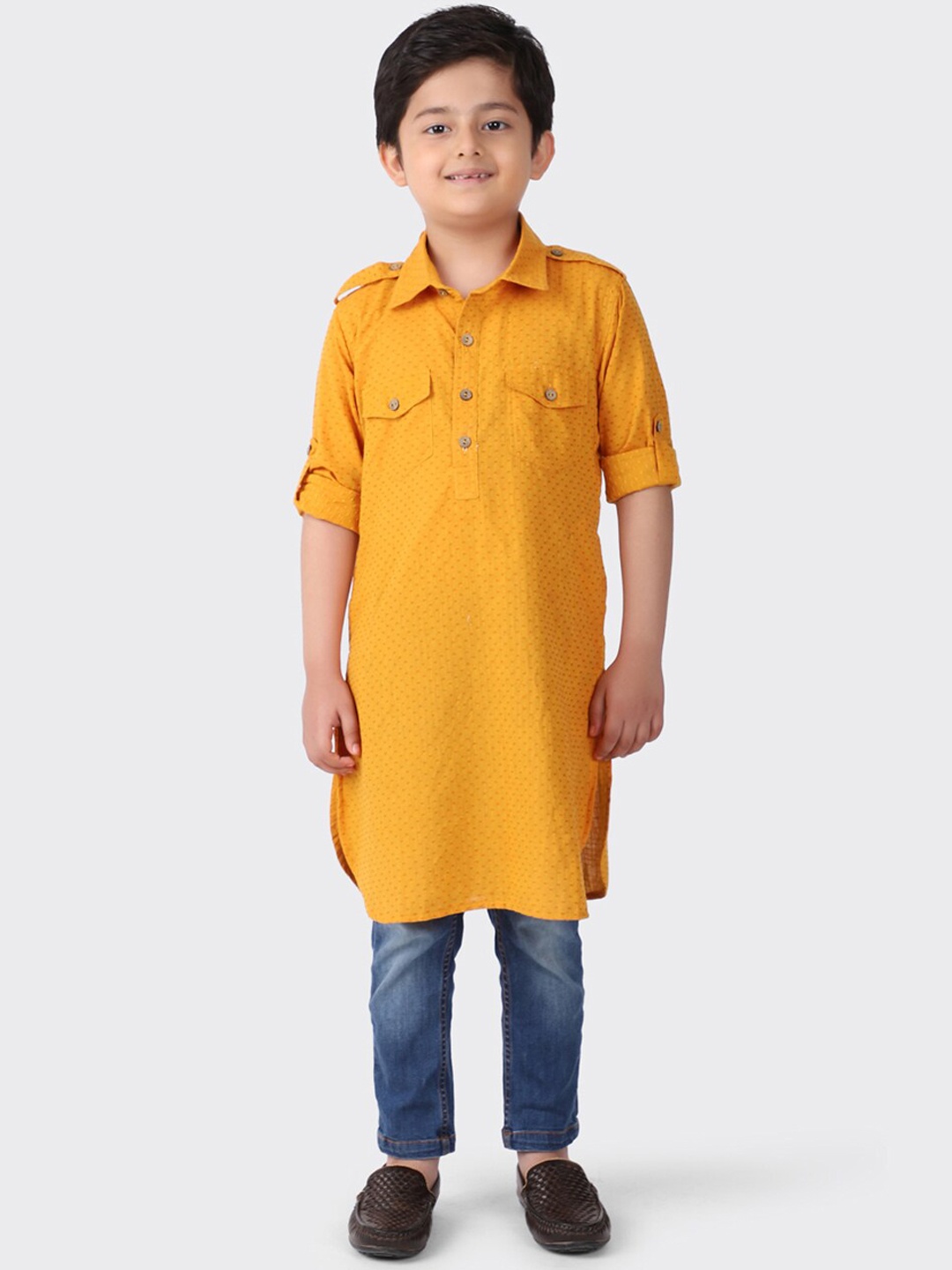 

Fabindia Boys Yellow Woven Design Pathani Kurta