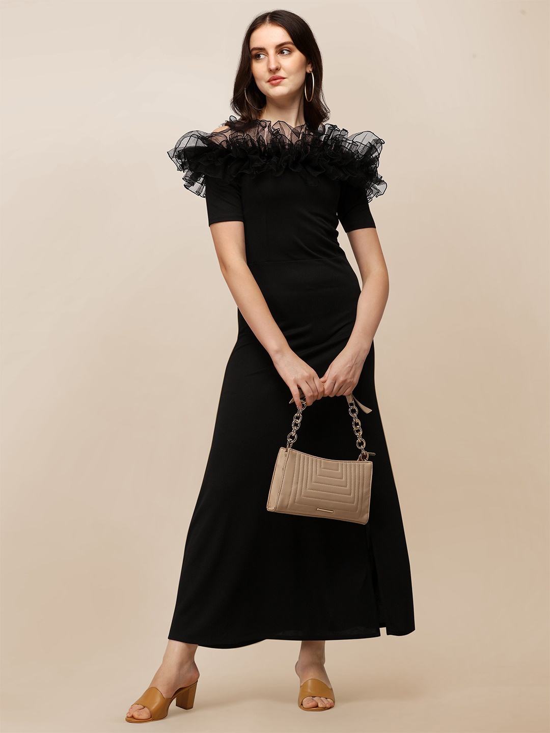 

SHEETAL Associates Women Black Off Shoulder Ruffled Tulle Maxi Dress