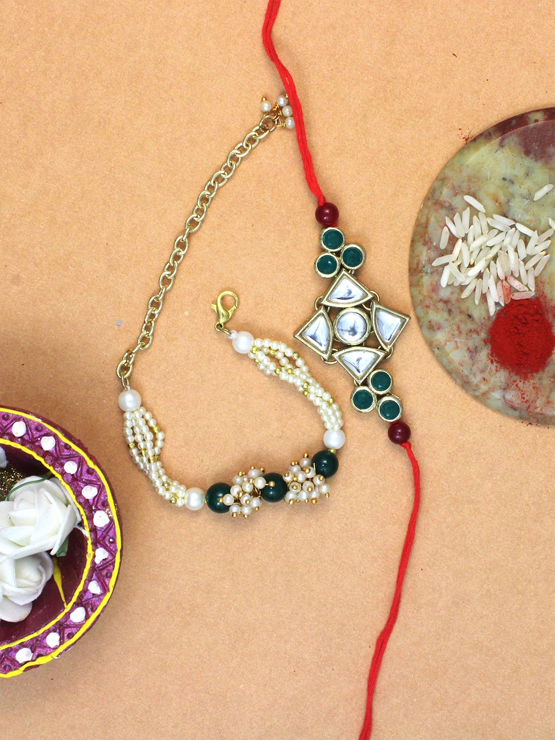 

KARATCART Men Set Of 2 Gold-Plated White & Green Kundan-Studded & Beaded Bhaiye Bhabhi Rakhi