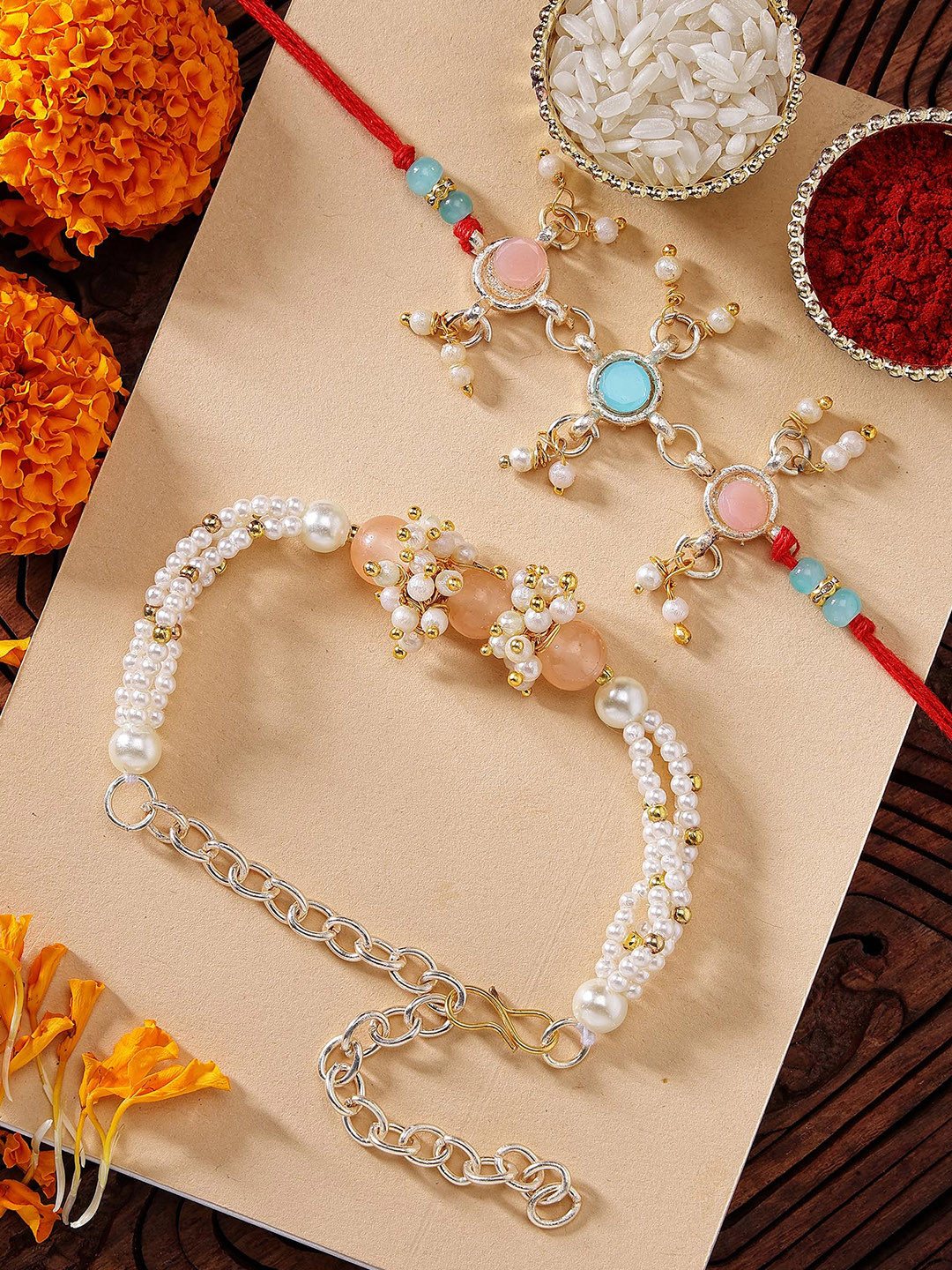 

KARATCART Men Set Of 2 Gold-Plated White & Peach-Coloured Kundan-Studded & Beaded Bhaiye Bhabhi Rakhi