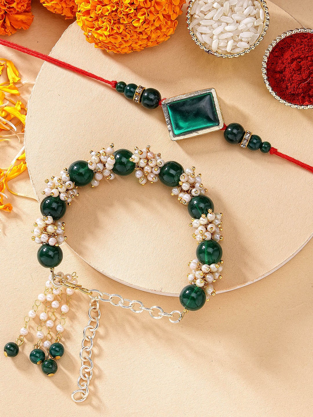 

KARATCART Men Set Of 2 Gold-Plated White & Green Kundan-Studded & Beaded Bhaiye Bhabhi Rakhi