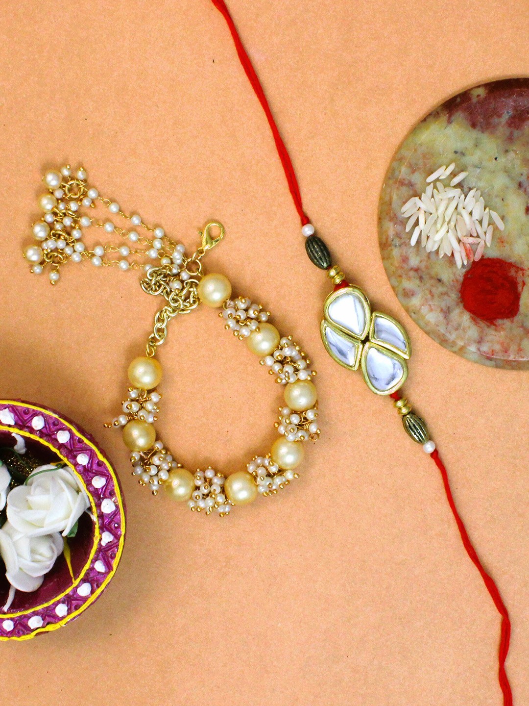 

KARATCART Men Set Of 2 Gold-Plated White Kundan-Studded & Beaded Bhaiye Bhabhi Rakhi