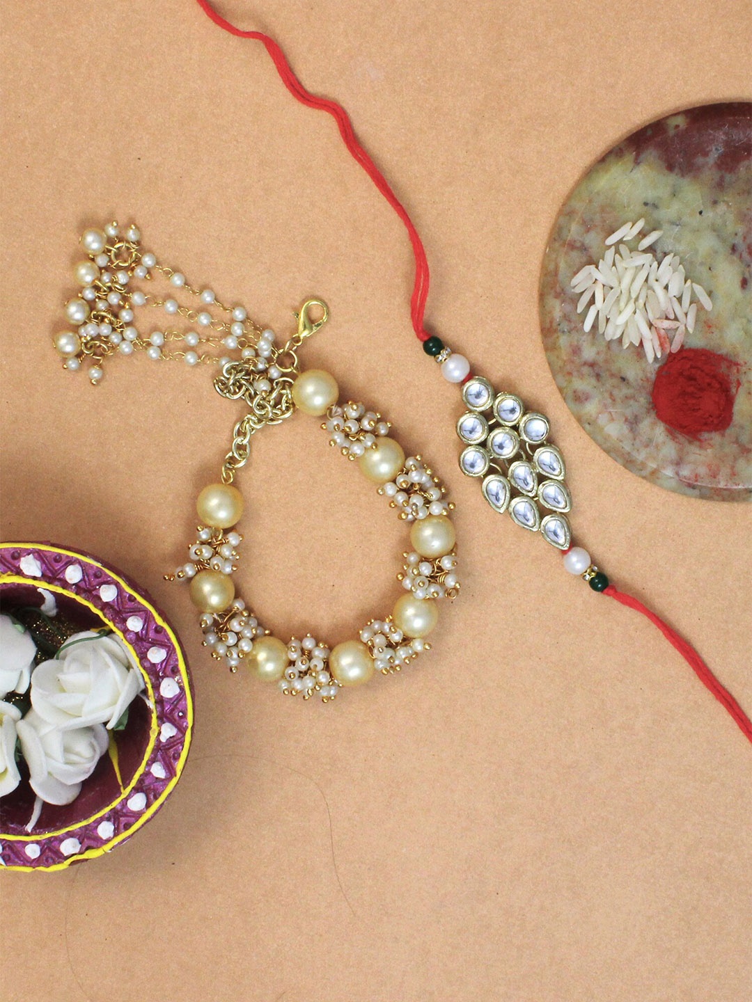 

KARATCART Men Set Of 2 Gold-Plated White & Green Kundan-Studded & Beaded Bhaiye Bhabhi Rakhi
