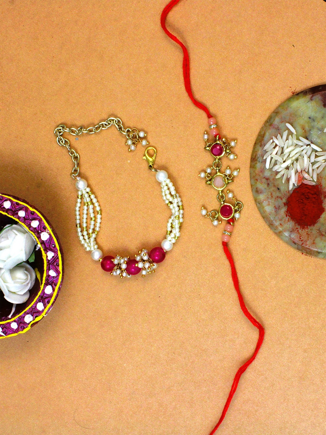

KARATCART Set of 2 Gold-Plated Kundan Rakhi, Red