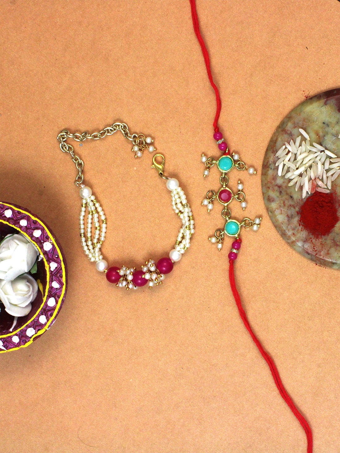 

KARATCART Men Set Of 2 Gold-Plated White & Pink Kundan-Studded & Beaded Bhaiye Bhabhi Rakhi
