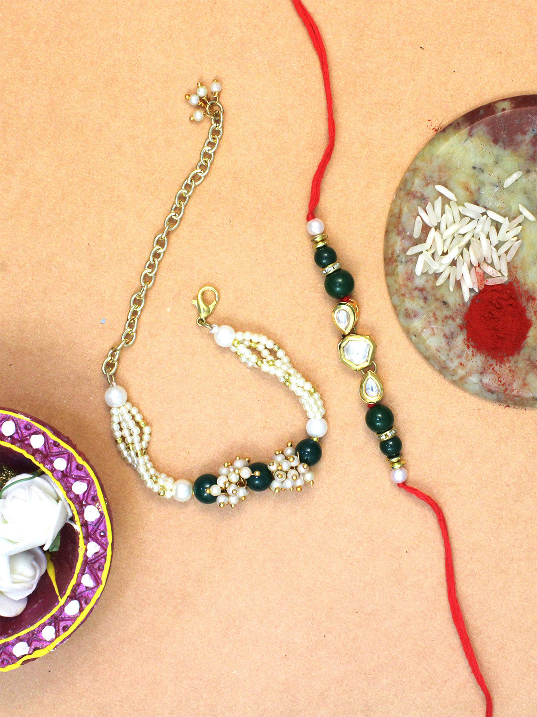 

KARATCART Men Set of 2 Gold-Plated White & Green Kundan & Beaded Bhaiye Bhabhi Rakhi