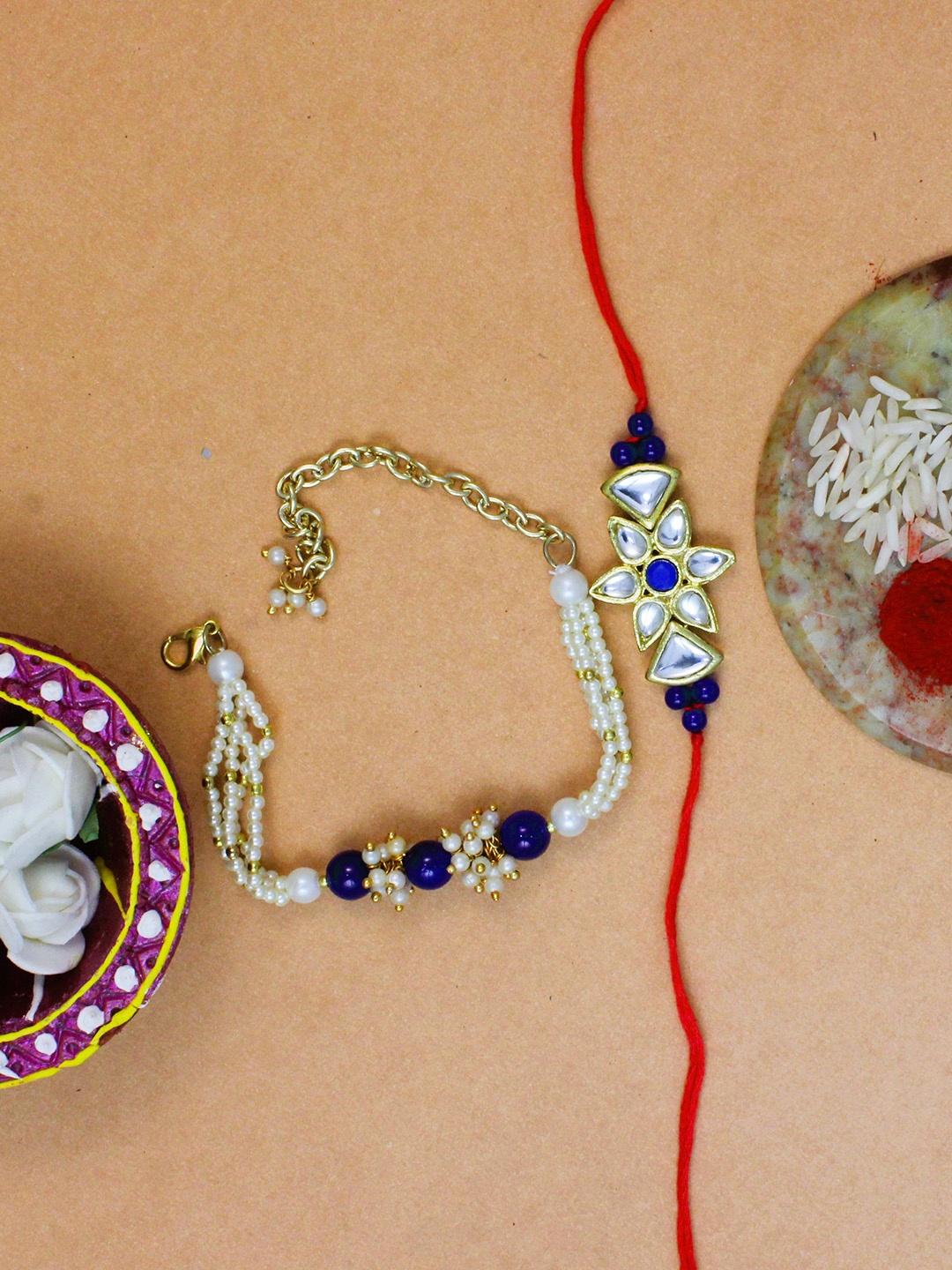 

KARATCART Men Set Of 2 Gold-Plated White & Blue Kundan-Studded & Beaded Bhaiye Bhabhi Rakhi