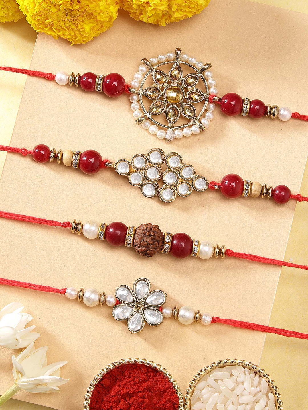 

KARATCART Men Set of 4 Gold Plated Red Handmade Kundan Rakhi