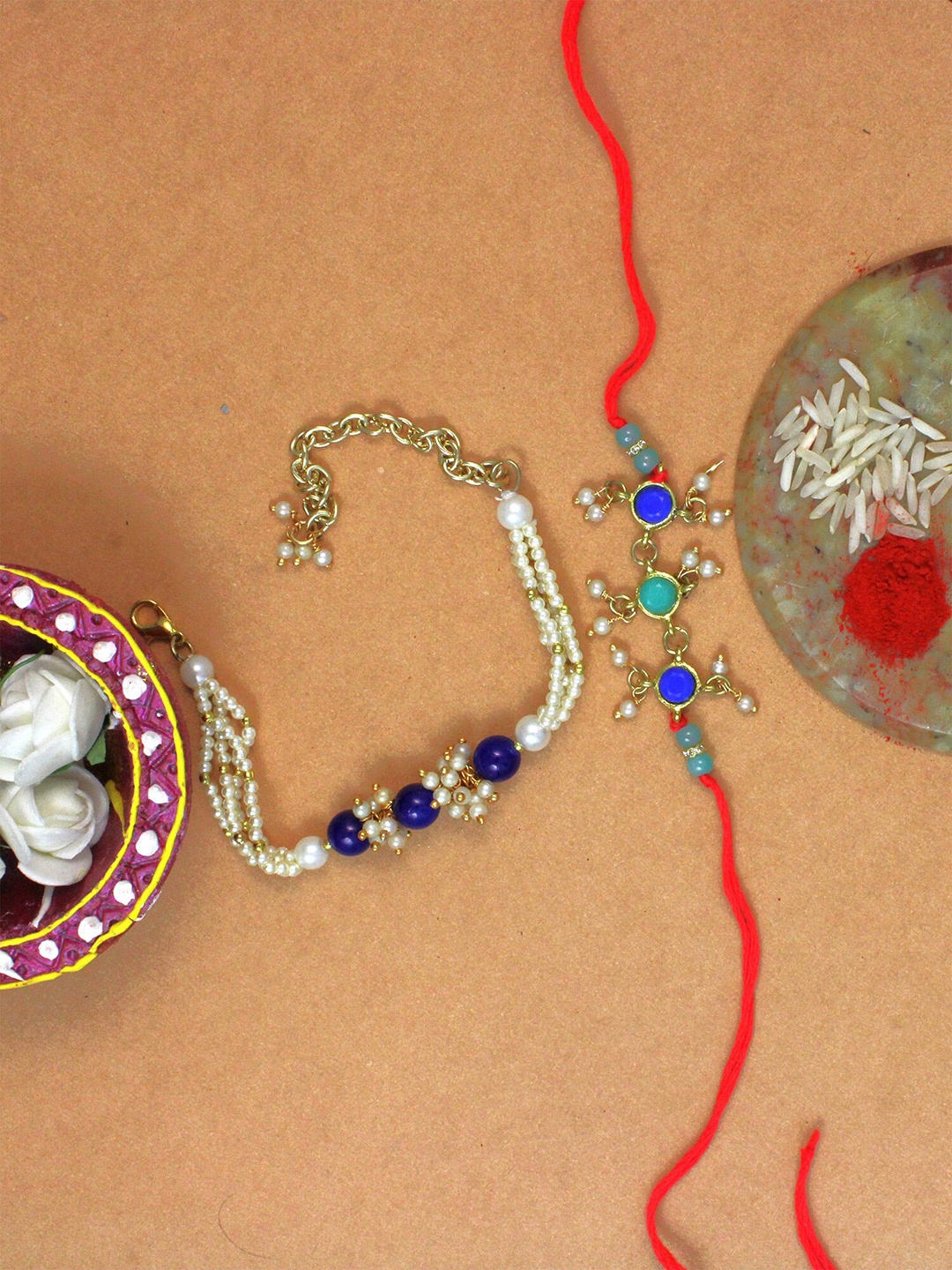 

KARATCART Blue Gold-Plated Set of 2 Kundan Bhaiya Bhabhi Rakhi