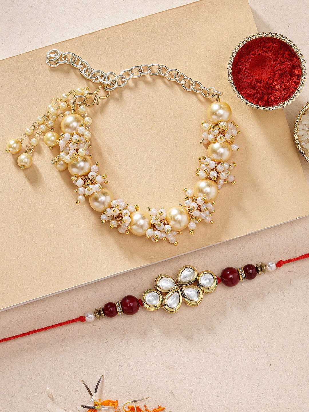 

KARATCART Set Of 2 Red & Gold-Toned & Plated Stone-Studded Bhaiya Bhabhi Rakhis