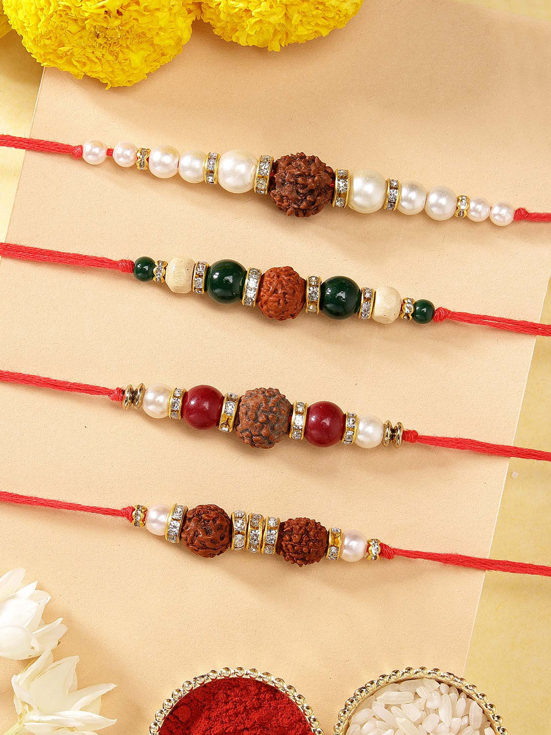 

KARATCART Set of 4 Gold Plated & Red Handmade Kundan Rakhi