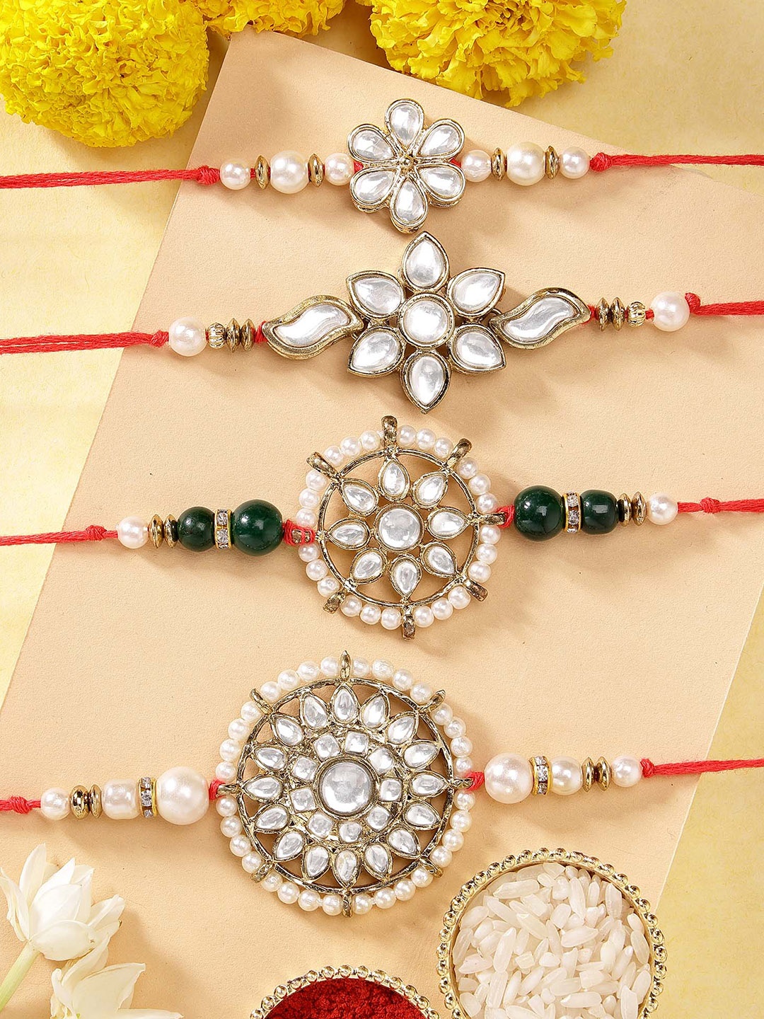 

KARATCART Set of 4 Gold Plated Handmade Kundan Rakhi